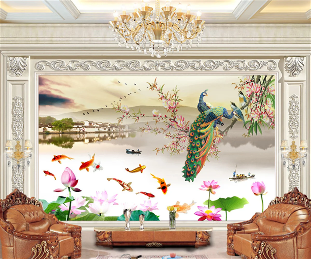 Customized 3D any size wallpaper mural peacock lotus nine fish landscape painting Chinese style background wall painting papel