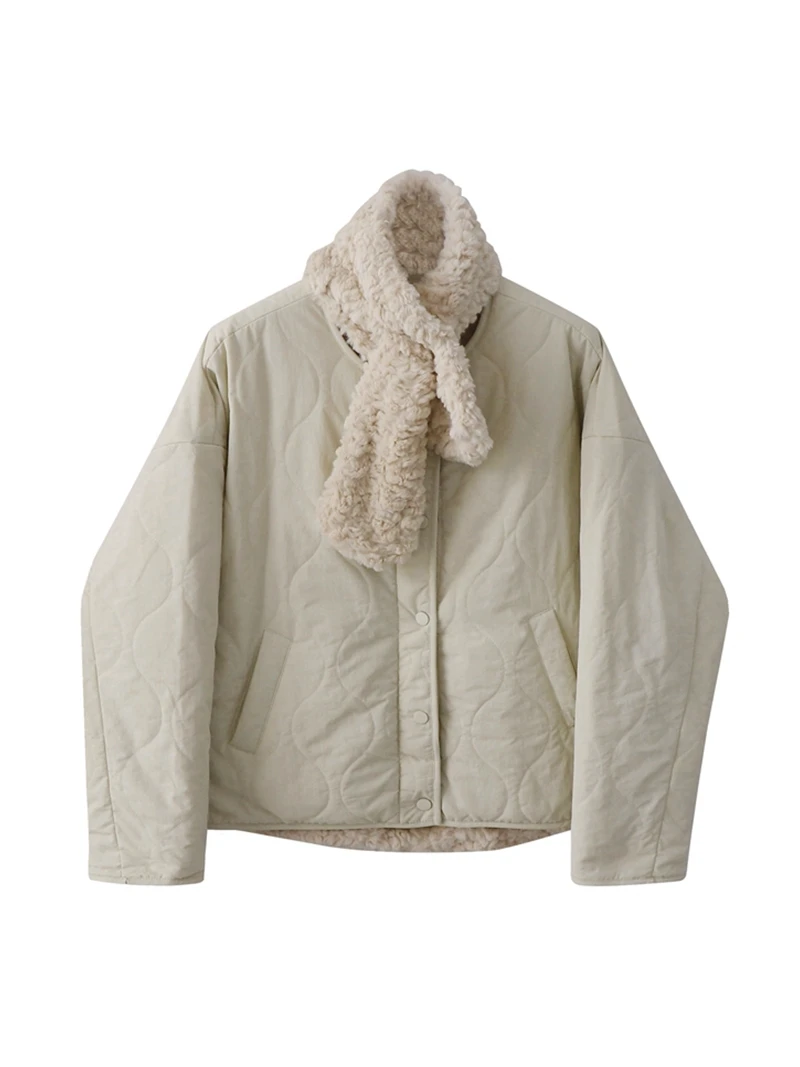 

Autumn and Winter Korean Style Sweet Reversible Lambswool Jackets Women's Plus Velvet Thickened with Scarf Warm Cotton Parkas
