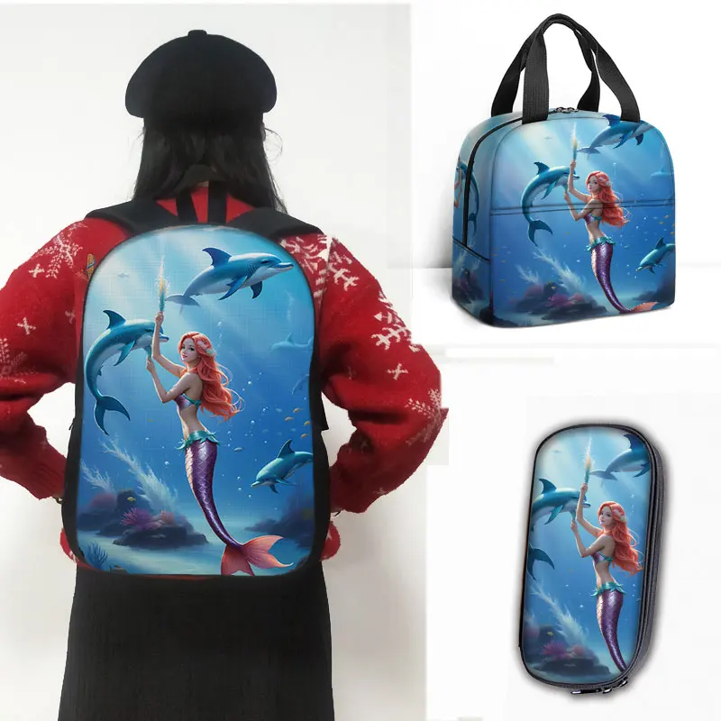 

3pcs/Set Cartoon Mermaid Pattern Backpack Mermaid Beauty Pencil Case Little Mermaid Rucksack Book Bag Teenager Lunch Bag