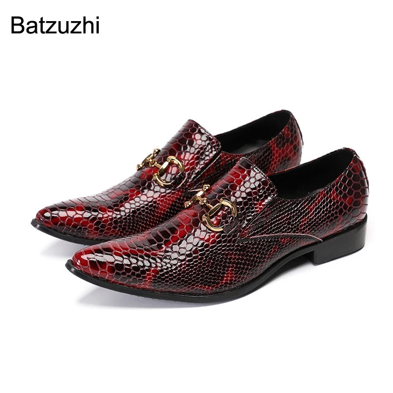 

Batzuzhi Genuine Leather Dress Shoes Men Handmade Fashion Wine Red Business, Party Shoes Men Flats Golden Iron Toe Slip on