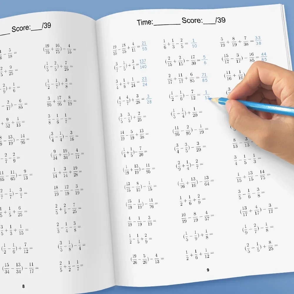 28Pages Adding and Subtracting Fractions with Three Terms- Math Workbook Practice Learning materials for Student Primary School 3