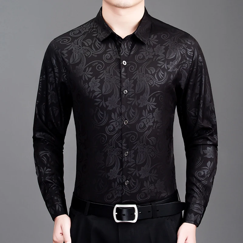 

Jacquard Exquisite Shirts For Men Long Sleeve Floral Casual Silky Autumn Quality Soft Comfortable Easy Care Luxury Chemise Homme