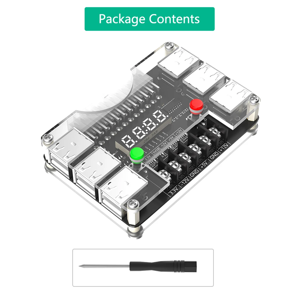 USB ATX 전원 공급 장치 브레이크 아웃 보드, 아크릴 케이스 지지대, 출력 전압 3A, 최대 출력, 12 포트, 3.3V, 5V, 12V -12V