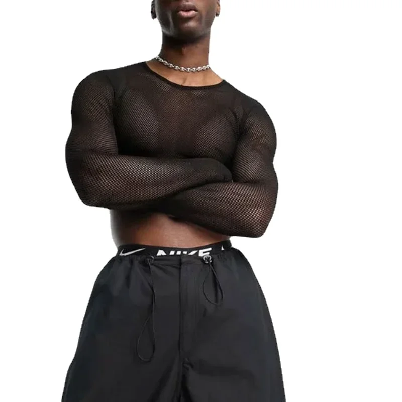 

T-shirt for Men Permeability Sexy Mesh Tops Long Sleeve Short Streetwear Fashion T-shirt Nightclub Men Clothing