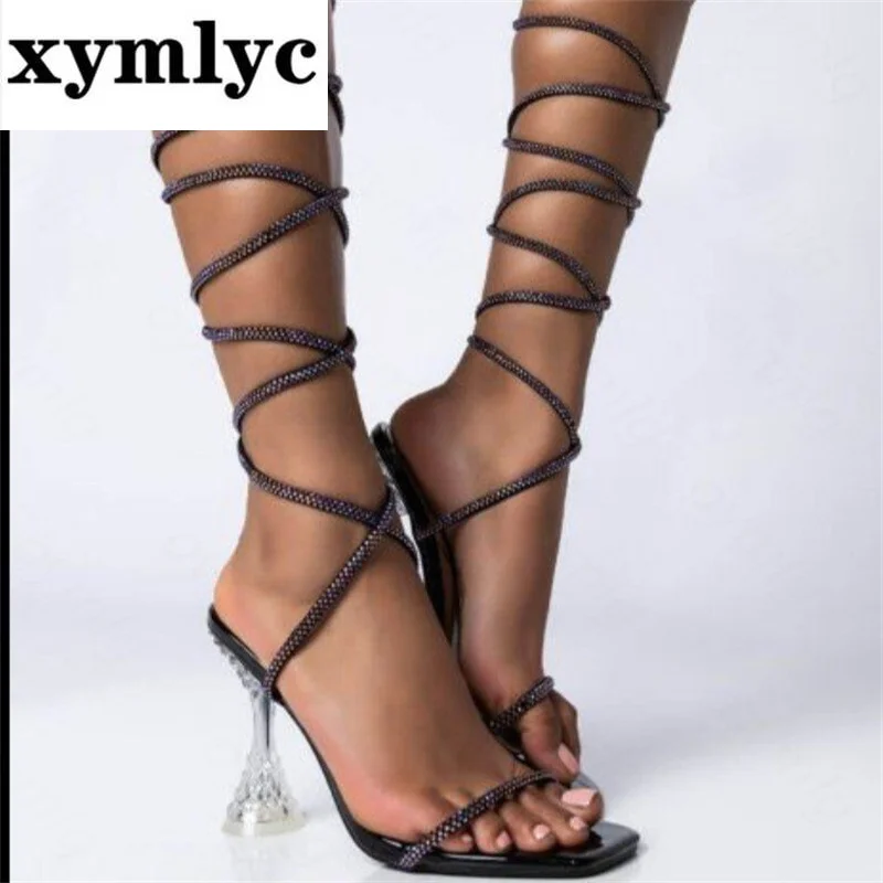

2022 summer new rhinestone stiletto open toe square toe strappy Roman shoes women's plus size fashion sandals shoes woman