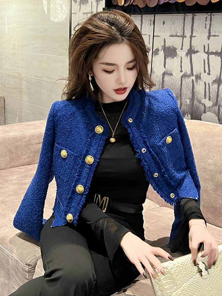 Fashion Short Jacket for Women Elegant White Blue Tweed Tops Coat