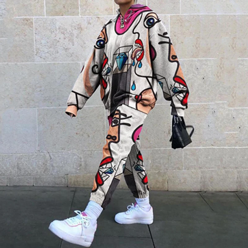 Women Casual Sport Suit Fashion Harajuku Print O Neck Tops And Pencil Pants Set Autumn Hooded Sweatshirt Tracksuit Two Piece Set 5