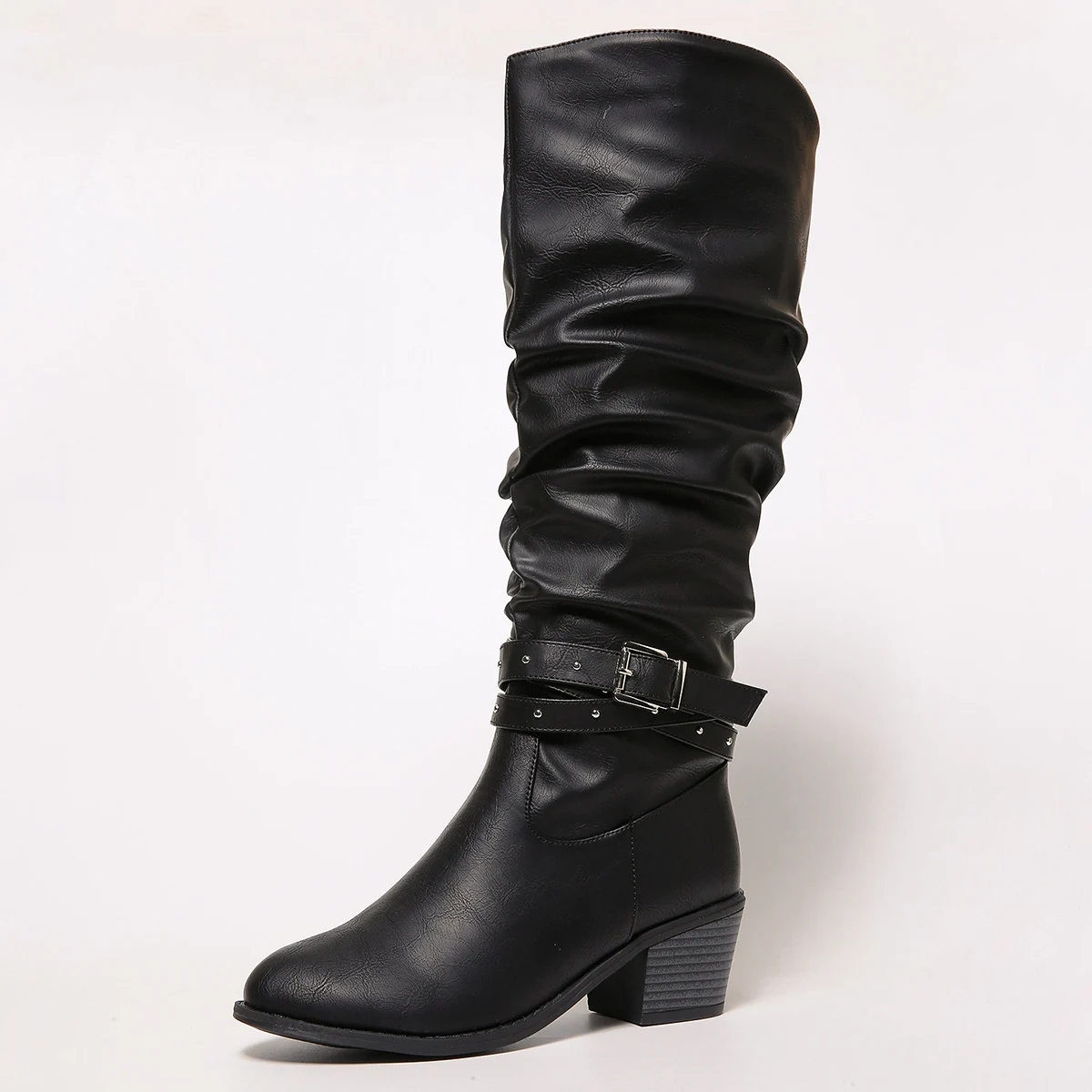 New Pu Rivet Metal Buckle High Boots Black Pleated Fashionable and Comfortable Thick Heel Women's Long Boots