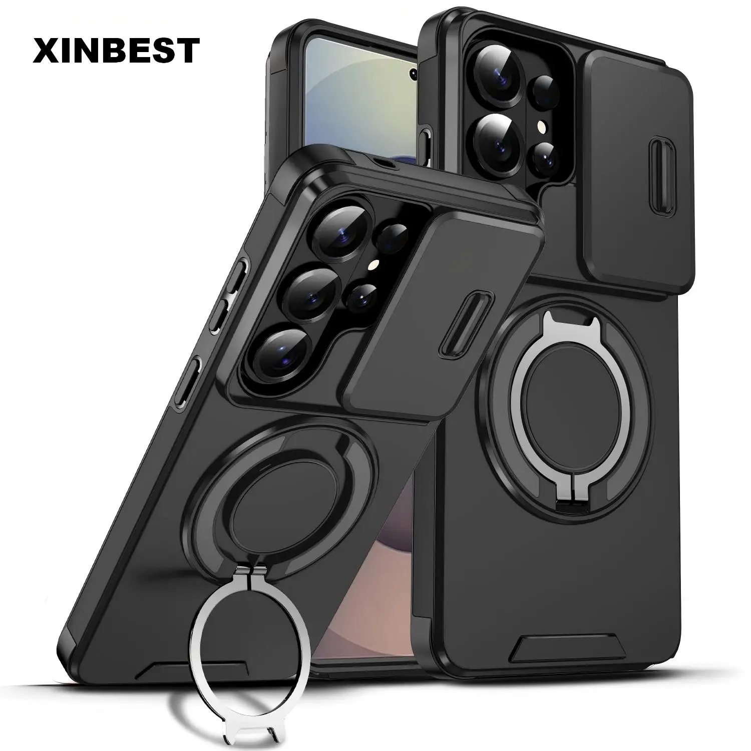 Slide Camera Protection Armor Phone Case with Metal Kickstand and Magnetic Back Cover