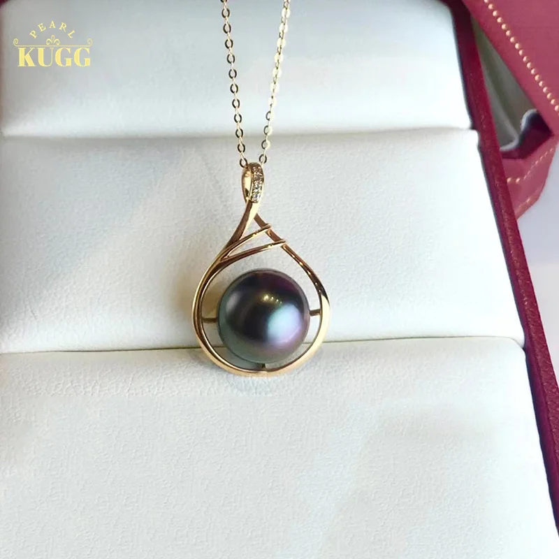 KUGG PEARL 18K Yellow Gold Necklace 9-10mm Natural Tahiti Black Pearl Pendant with Chain Fashion Real Diamond Necklace bernstein trouble in tahiti