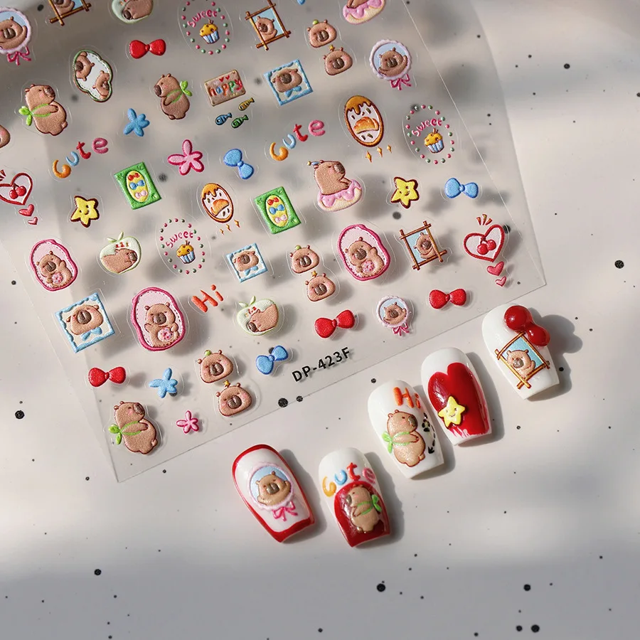 Lovely Capybara Cartoon Doodle 5D Soft Embossed Reliefs Self Adhesive Nail Art Sticker Cute Hamster 3D Manicure Decals nail stickers decorative stickers nail art decoration nail decals