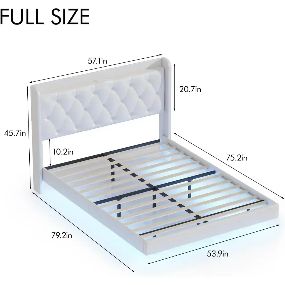 Full Size Floating Bed Frame,Upholstered PU Leather Platform Bed with Charging Station & Button Tufted Headboard Storage 2