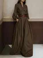 UOOZEE 2025 New Female Fashion High Waisted Wide Leg Jumpsuits Spring Long Sleeves Loose Buttoned V-Neck Office Jump Suits
