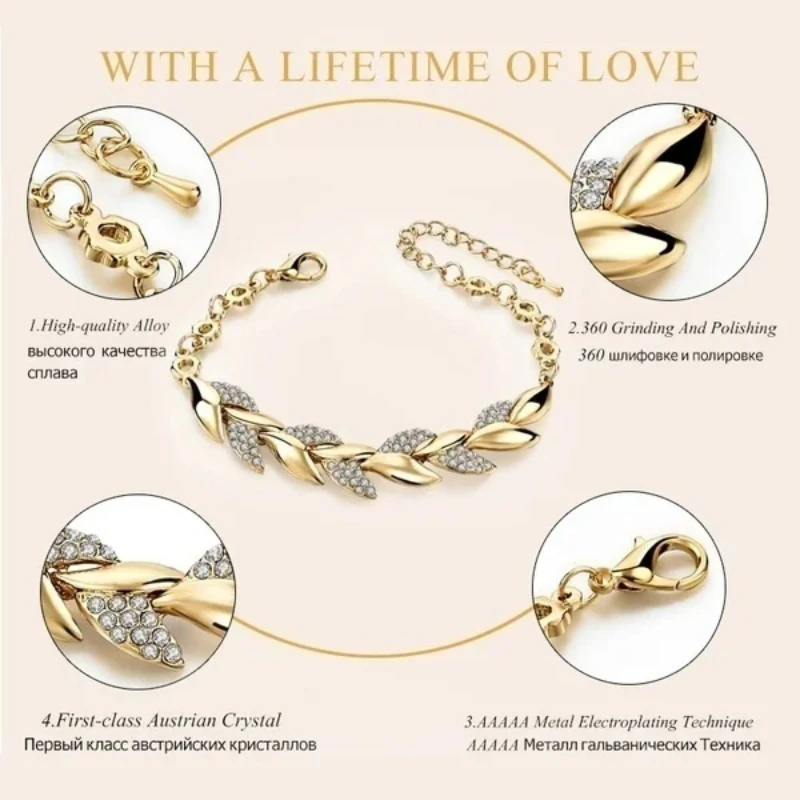Delysia King Women Inlaid Crystal Golden Leaf Bracelet Trendy Bride Wedding Jewelry leaf bracelet