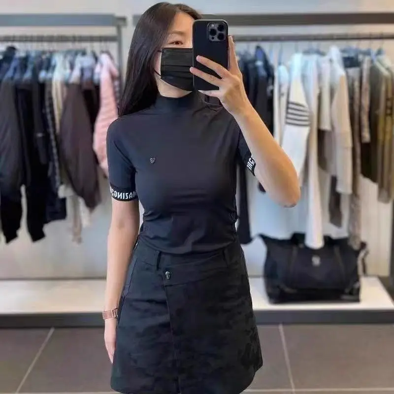 AMAZINGCRE Summer New Women's Golf Top Fashion Simple Slim Stand-up Collar Short-sleeved T-shirt