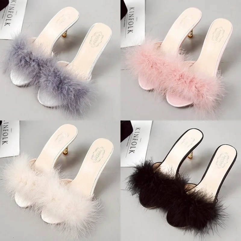 

2022 Summer New Fashion Women Slippers High Heel Shoes Thin Heels High (5cm-8cm) Plus Size 43 Korean Furry Slides for Women