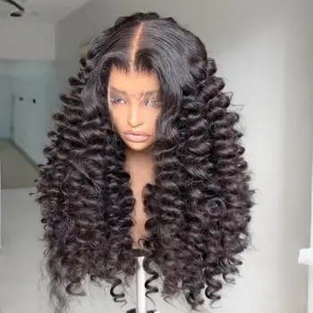 Loose Deep Wave Black Color Synthetic Soft 13X4X1 Lace Frontal Wig For Women Prepucked Bleach Knots Glueless Wig Daily Party
