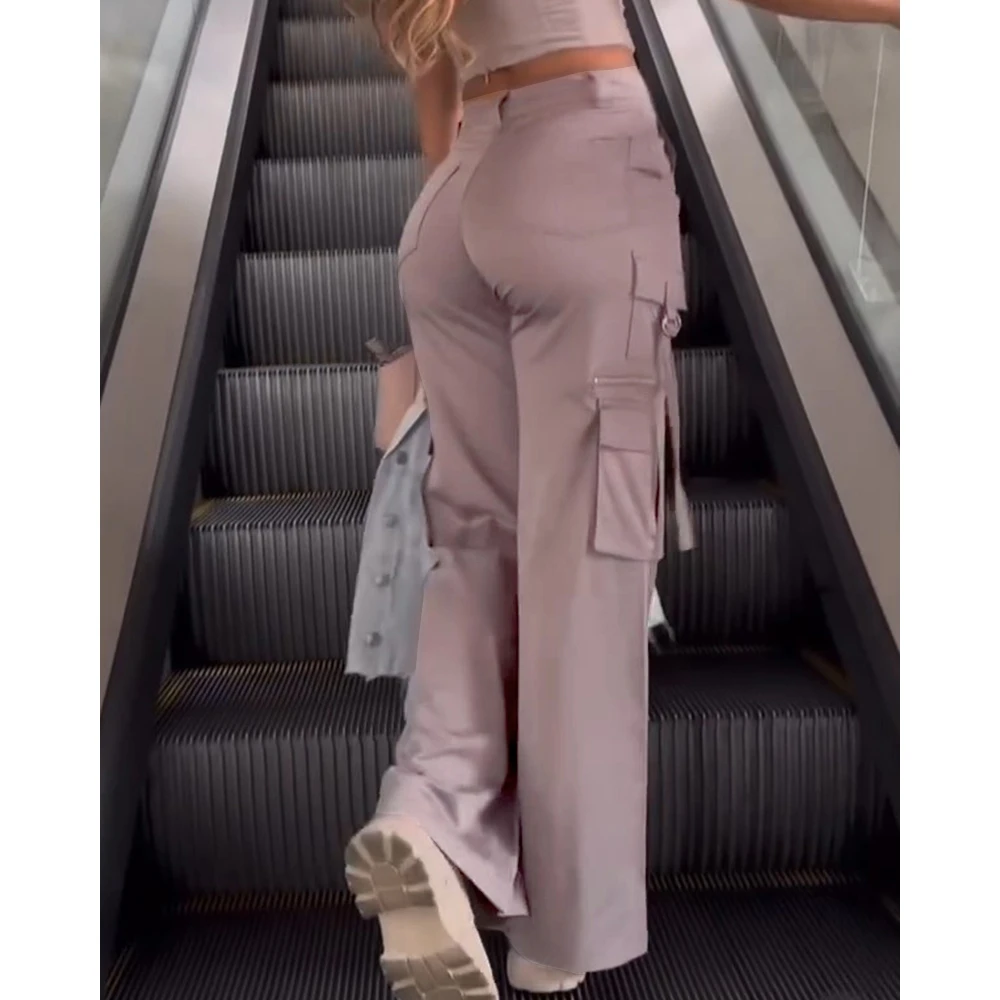 Autumn Spring Women Pocket Design Cargo Wide Leg Pants Female High Waist Casual Trousers Solid Woman Streetwear Clothing traf