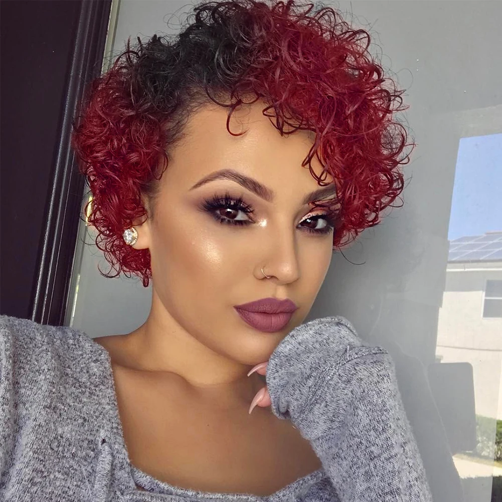 

Short Curly Human Hair Wigs Afro Kinky Curly Side Part Short Bob Pixie Cut Glueless Wig Brazilian Remy Human Hair For BlackWomen