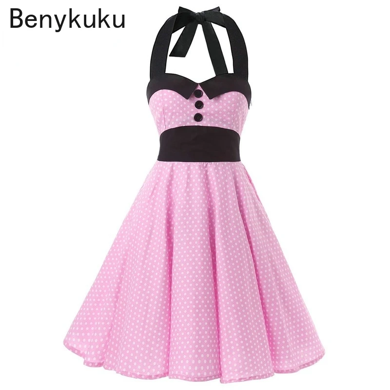 Женское винтажное платье ретро без рукавов розовое вечерние в горошек с лямкой
