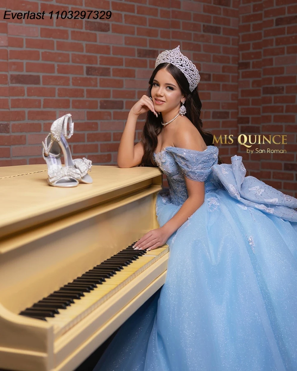 EVLAST Sky Blue Quinceanera Dress Ball Gown Butterfly Applique Beading Bow Sweet 16 Vestido De 15 Anos QD1196