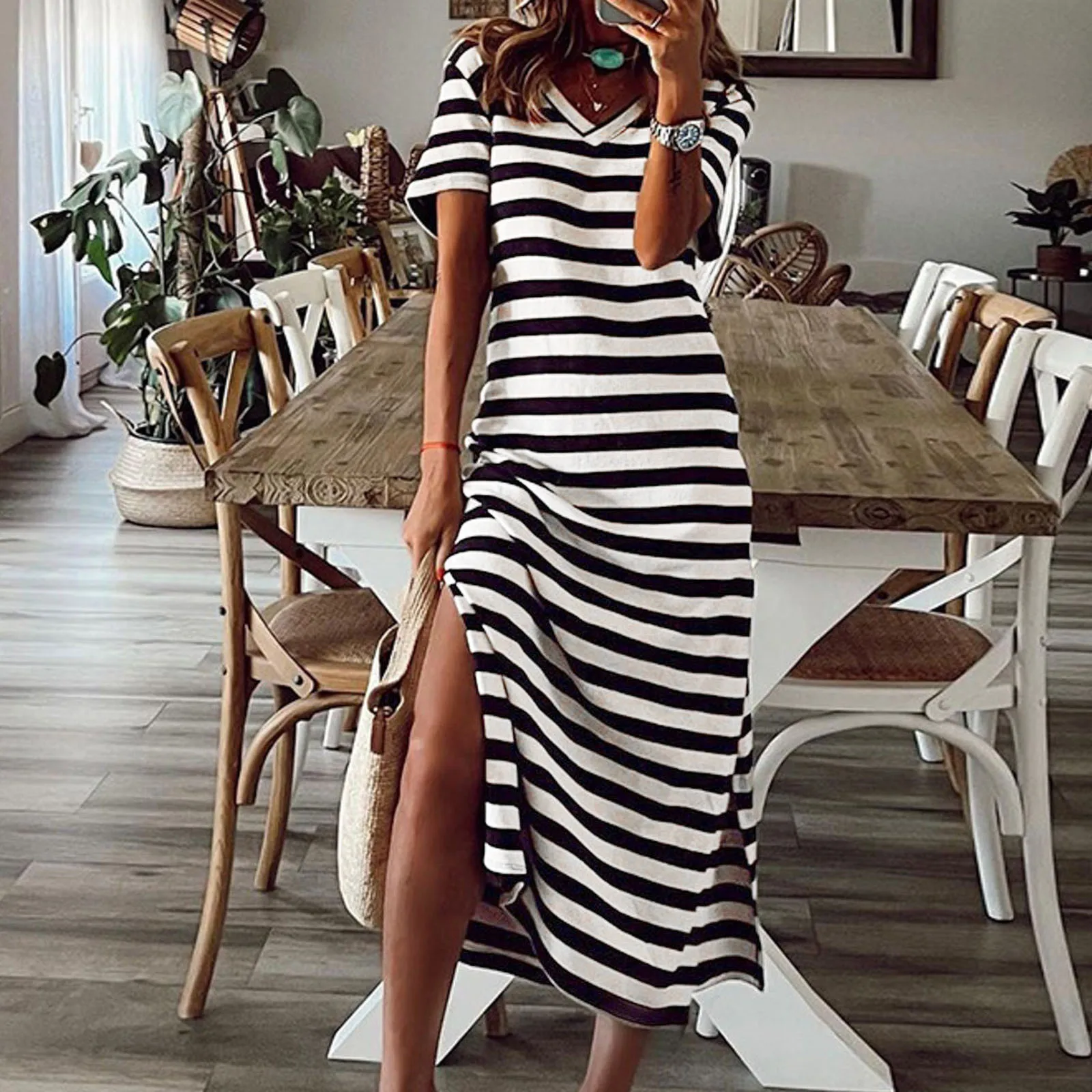 

Dresses For Women 2023 Casual Brazilian Stripe Print Loose Dress Short Sleeve V Neck Beach Style Split Long Dresses Robe Femmes