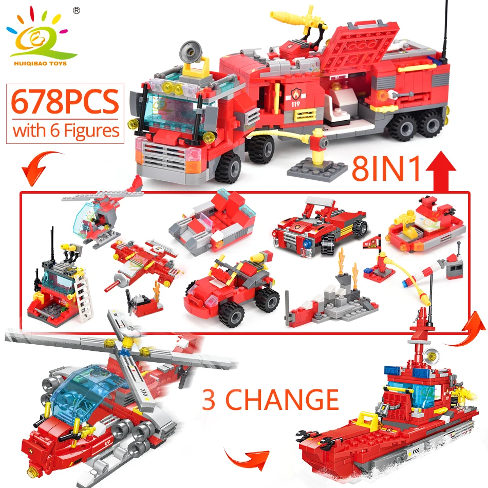 HUIQIBAO 678pcs 8in1 města oheň kamion modelka stavba bloků firefighting sada hasič figur cihly staveniště hračka pro děti