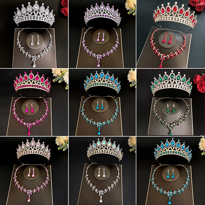 Bridal Jewelry Set 3Pcs/set Baroque Crystal Rhinestone Tiaras Crown Necklace Earring For Bride Women Wedding Gift