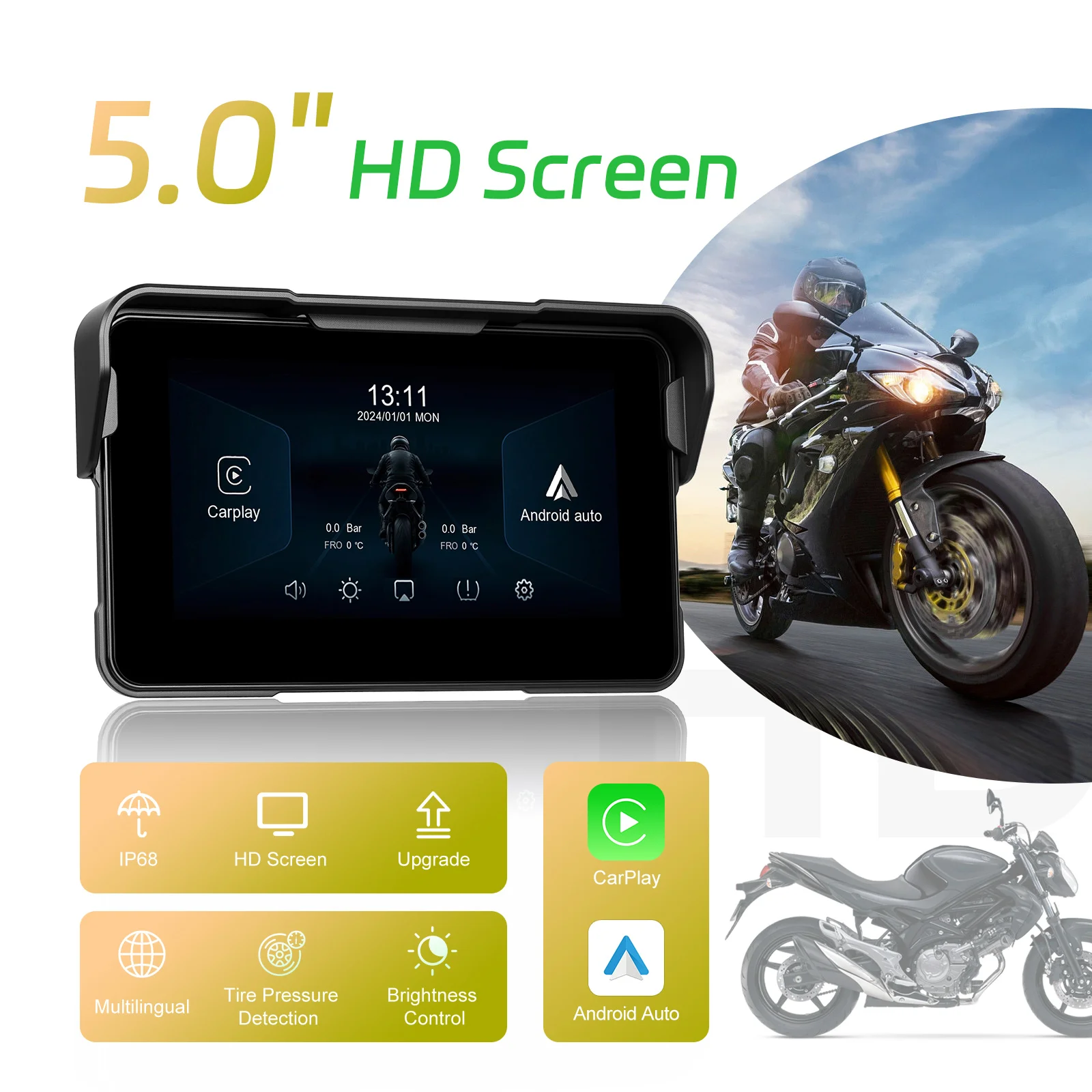 Podofo Kabelloser Carplay Android Auto Motorrad Smart Screen Player 5 Zoll HD Großbildschirm Tragbarer Display-Player IP68 Wasserdicht – Detail 11
