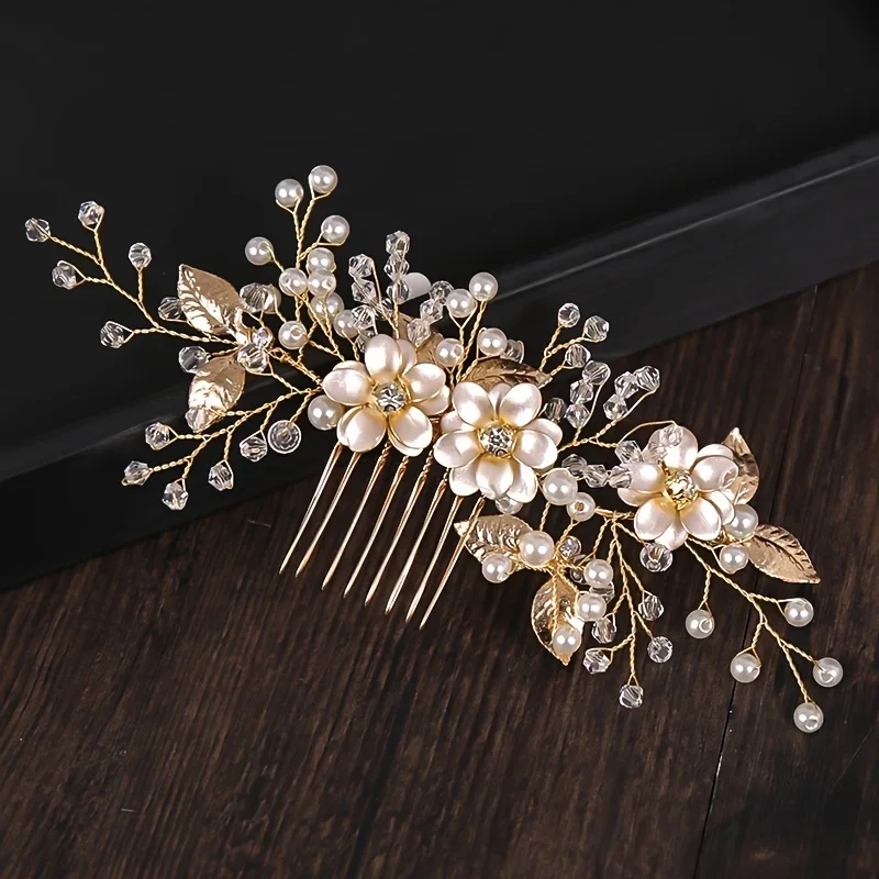 Handmade Gold Color Flower Hair Comb Pearl Rhinestone Flower Hair Accessories For Women Bride Wedding Accessories Tiara Headband