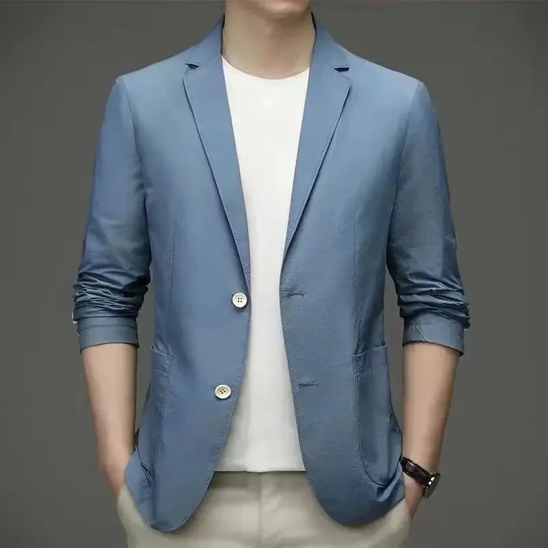 

LE24Silk Thin Casual Sunscreen Blazer Fashion Casual Male Clothes Long Sleeve Big Size Slim Solid Blazers Coat