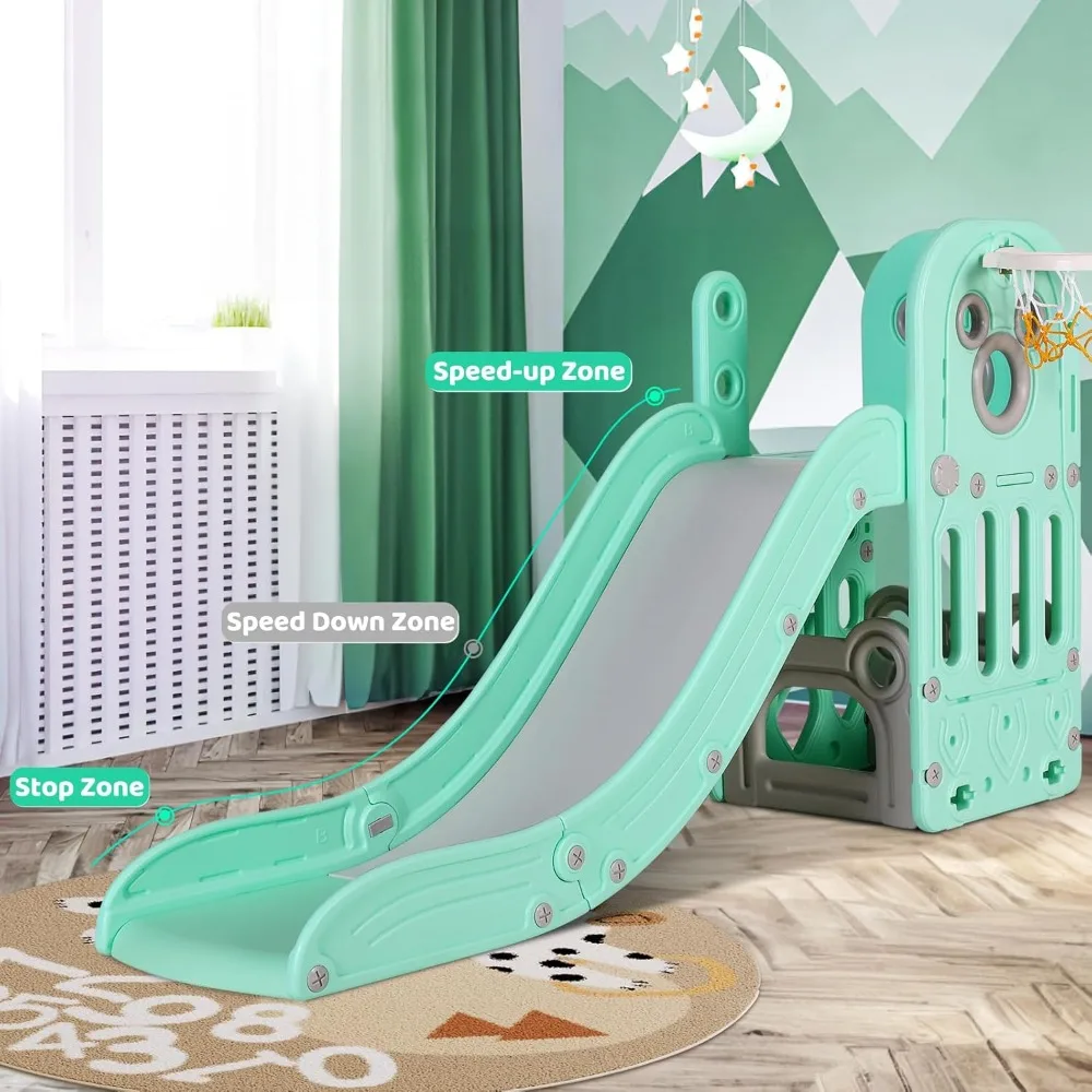 Kids Slide L-Shaped, 5 in 1 Slide Climber for Toddler, with Ball & Hoop, Storage Space and Non-Slip Steps, Indoor Outdoor