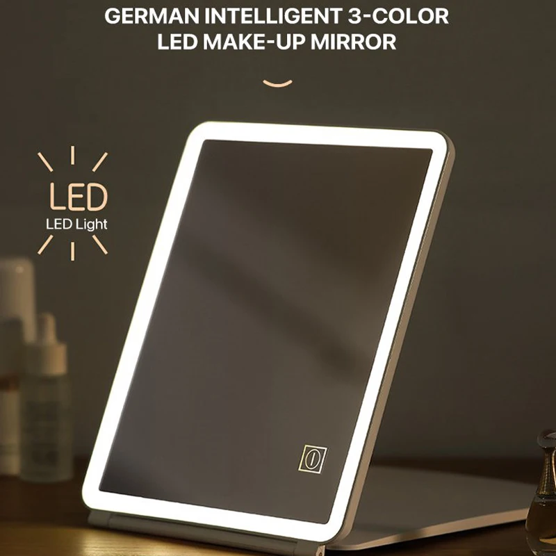 Intelligente Vouwen Led Make-Up Spiegel Led Touch Screen Make-Up Spiegel 180 Graden Roterende Cosmetische Spiegel Usb Charger Stand voor