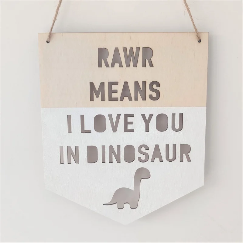 Wall Stickers Children Room Decoration 1pcs Nordic Wooden Dinosaur Positive Slogan Banner Garland Wood Chip Wall Hanging Baby Kids Room Decoration Ornament Photo Props