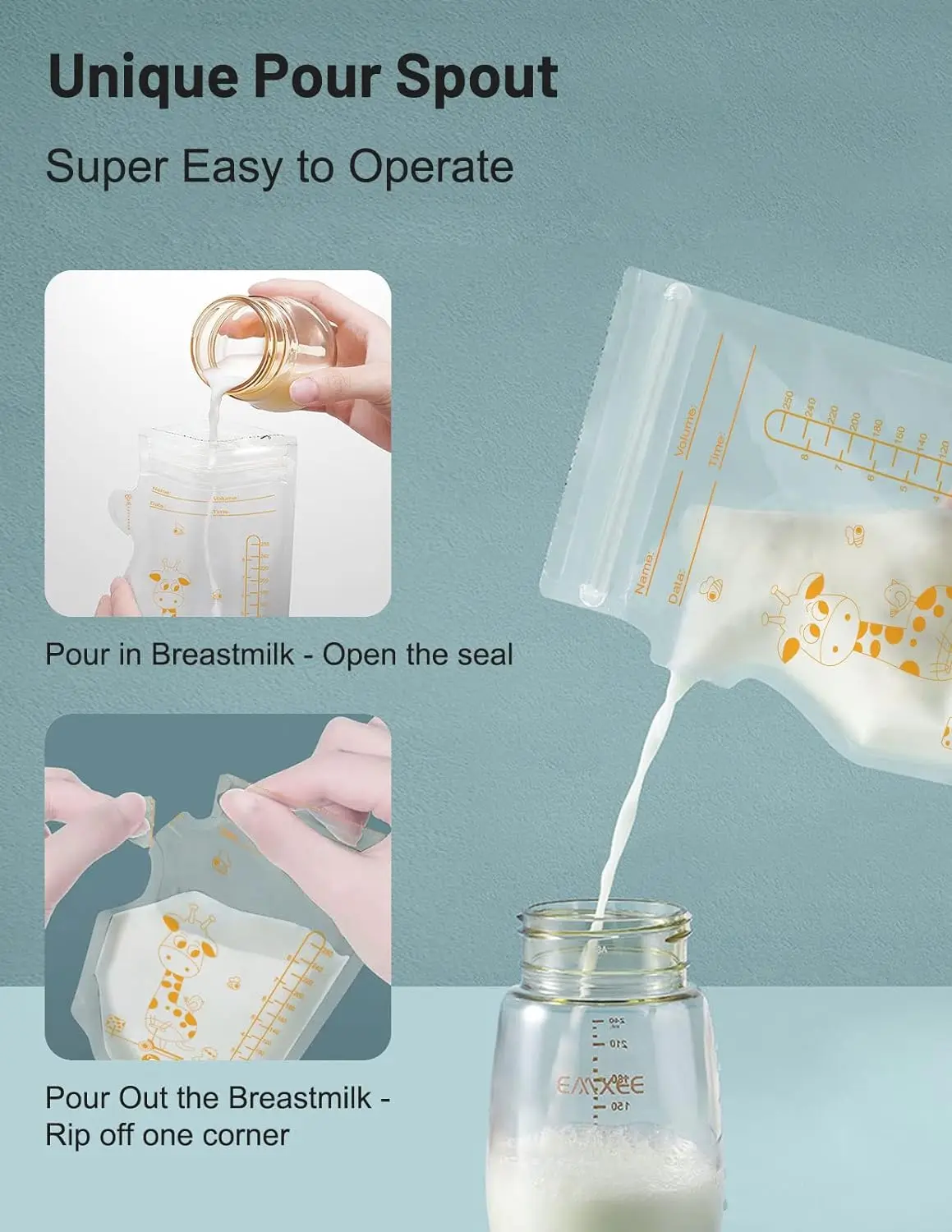 Baby Food Storage Containers Giraffe 100pcs Breastmilk Storage Bag Self Standing No Leak Milk Freezer Bags Safe Feed BPA Free