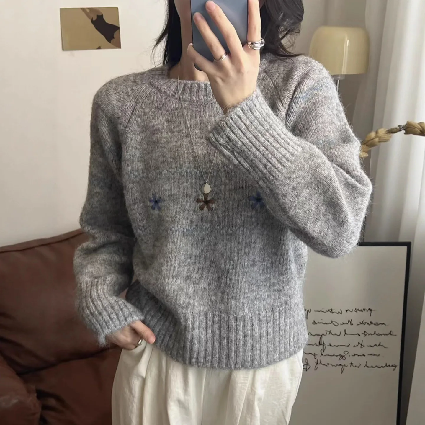 Women Floral Print Long Sleeve Sweater Casual Knitted Pullover