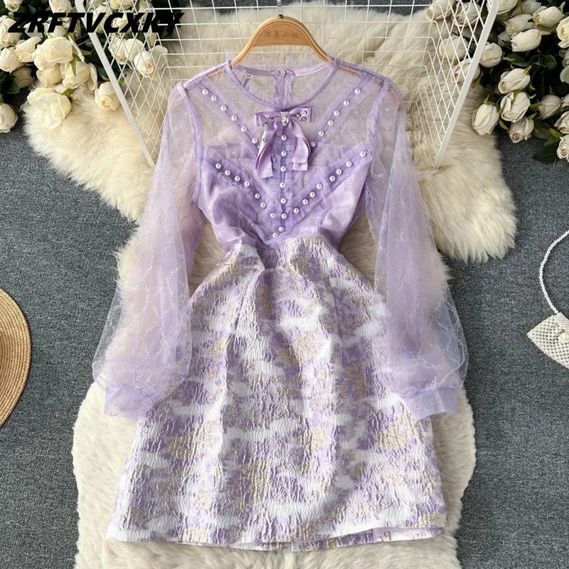 

Luxury Designer Lace Patchwork Jacquard Dress Women's Spring Runway See Through Mesh Long Sleeve Beaded Bow Short Vestidos