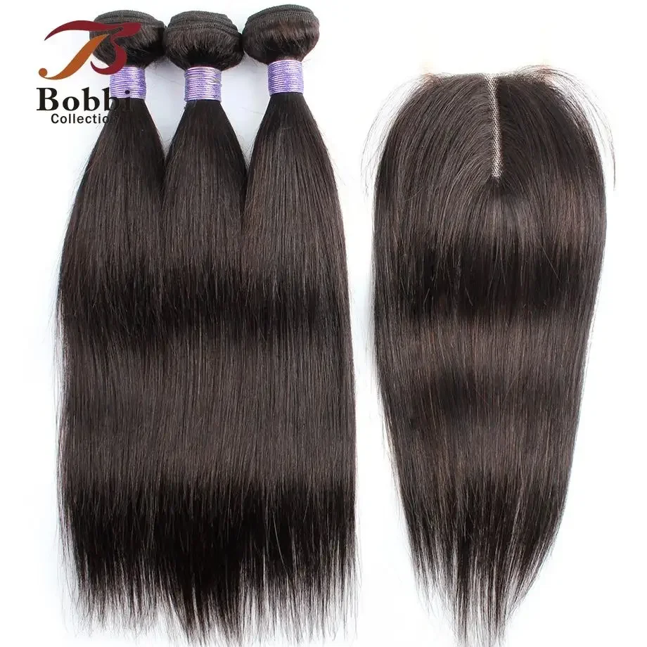 Straight Human Hair 3 Bundles with Closure Middle Part 4x4 T Transparent Lace Black 60g/pc Remy Human Hair Extension