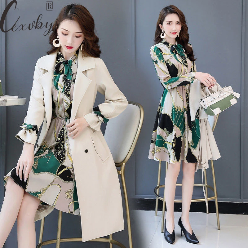 Korean Print Dress Two Peice Set Women Long Sleeve Chiffon Dress+Double Breasted Trench Coat Suit Oversized Solid Fall Outfits