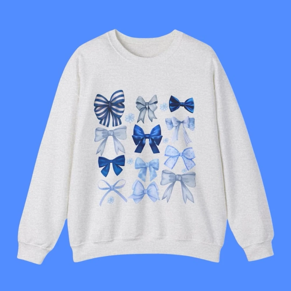 Coquette Aesthetic Bow Sweatshirt  Y2k Preppy Ballerina Trendy Ribbon Crewneck Tee Blue Bow Cute Kawaii Shirt Valentines Gift