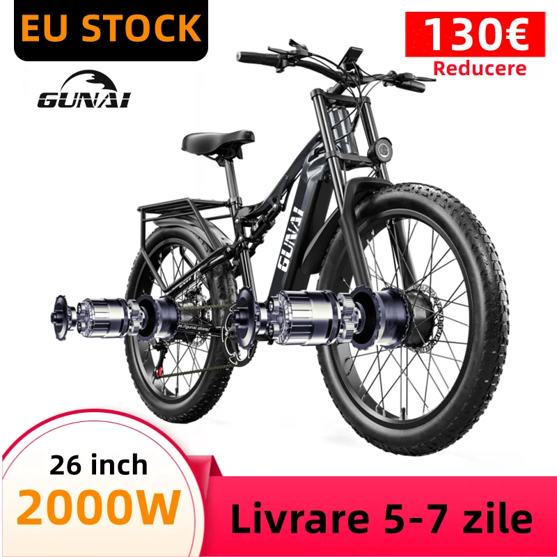 Gunai Bicicletta Elettrica 2000W Potente Doppio Motore, Con Batteria 48 V17Ah Adulti Moto, 3.0*26 Pollici Fatbike Pneumatico Bici Elettrica