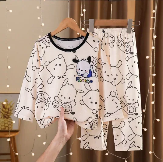 thumbnail image 1 of Sanrios My Melody Hello Kittys Cinnamoroll, conjunto de pijama con solapa estampado bonito para niños, cárdigan Kawaii, pantalones de manga larga, ropa para el hogar, 1 of 5