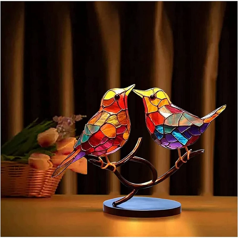 Stained Glass Birds On Branch Desktop Ornaments,Double Sided Multicolor Style Birds Colors Ornaments 6