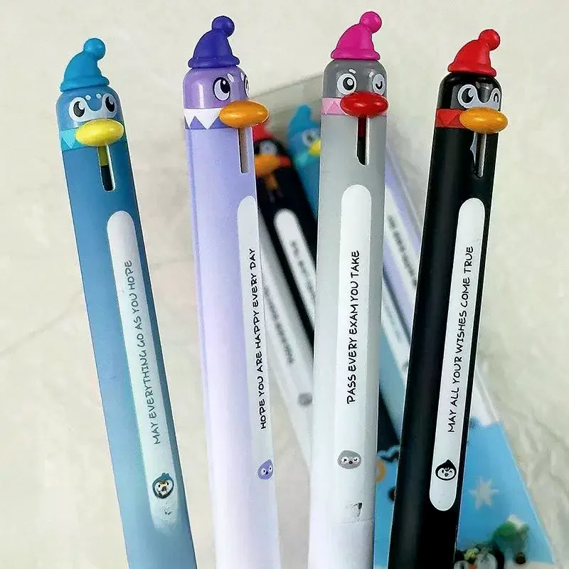4Pcs 0.5mm 블랙 파인 포인트 개폐식 빠른 건조 부드러운 쓰기 펜 크리 에이 티브 펭귄 디자인 젤 펜 편지지