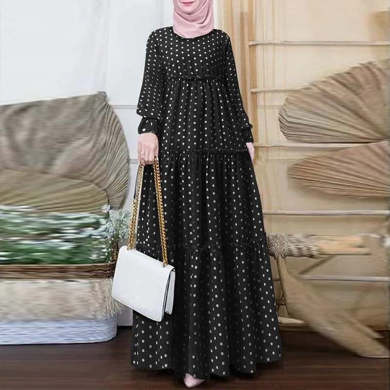 

Bohemian Small Dot Printed Muslim Dress Casual Elegant Fashion Abaya Femme Musulman Robe Holiday Party Ruffled Dresses