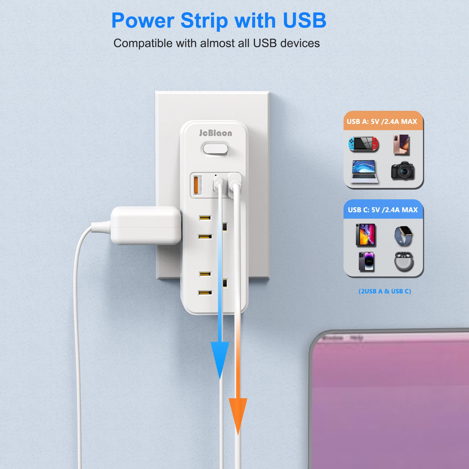 360&deg;Rotating Power Strip US Plug with 6 AC Outlets 3 USB Ports 1 Type-C,Multiple Wall Socket with Switch Network Filter for Home