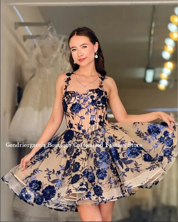 Elegant Rose Mini Short Cocktail Dress Customised Sparkling Floral Appliques Halter Tulle Poncho Birthday Party Prom Dress