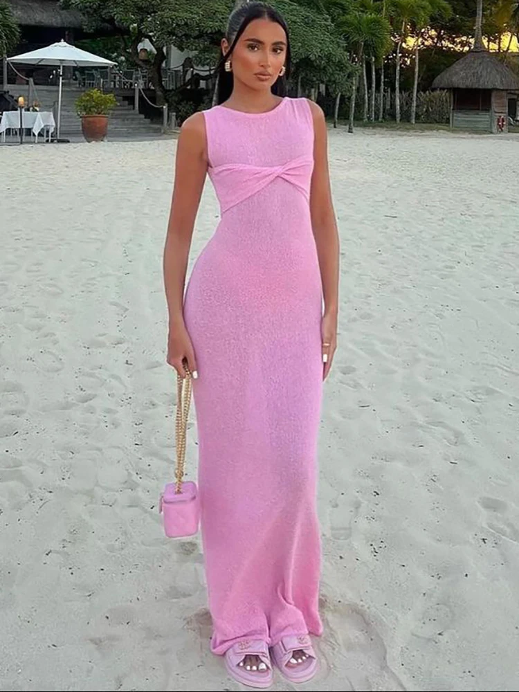 

JULISSA MO Knitted See Through Ruched Women Maxi Dress Sleeveless Round Neck Dress Female Summer Skinny Elegant Party Beachwear