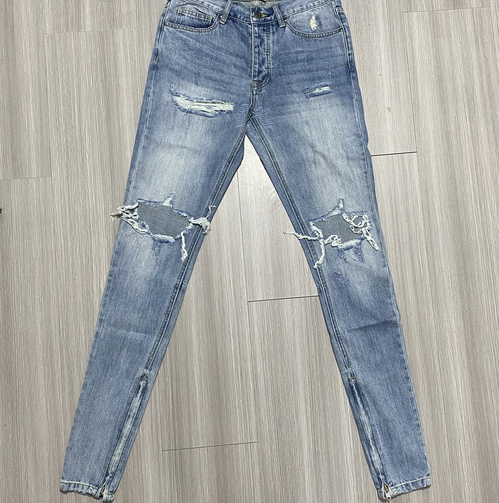 Men's Button Fly Zipper Leg Destroyed Distressed Ripped Hole Jeans