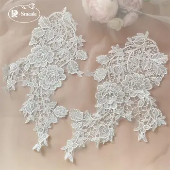 2PCS/10PCS. Off White Beaded Lace Mirror Flowers.Flower Leaves Embroidery Wedding Dress Headdress.DIY Sewing Supplies Patch